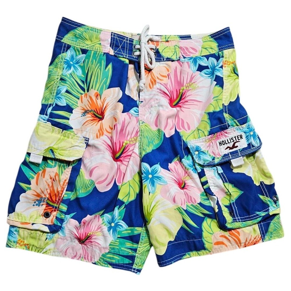 Hollister Mens Blue Floral Hibiscus Cargo Board Shorts Swim Trunks Size S Small